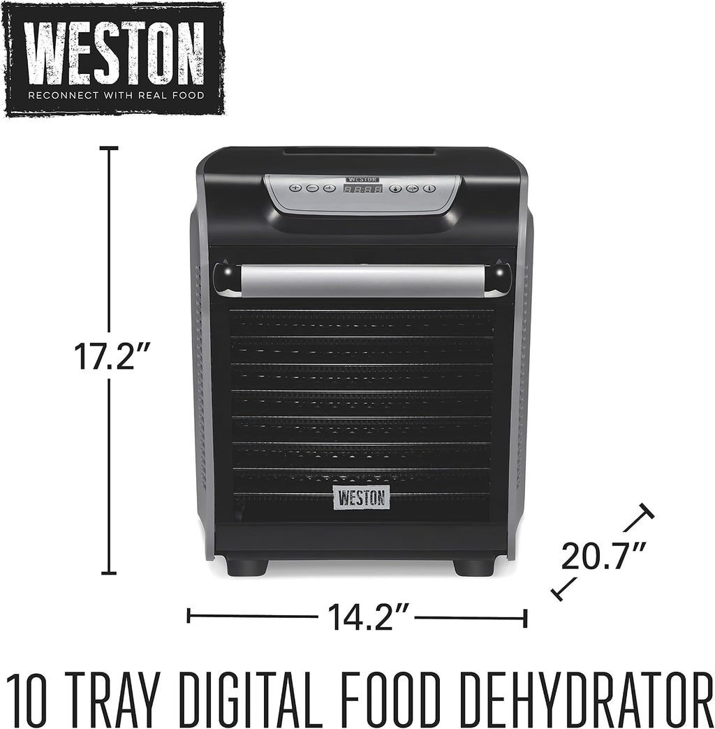 Weston Food Dehydrator Machine for Jerky, Fruit, Meat, Herbs, Vegetables, with Precision Digital Temperature Control (90-160F), 10 Stackable Trays (10.3 sq. ft.), Gray (75-1001-W)
