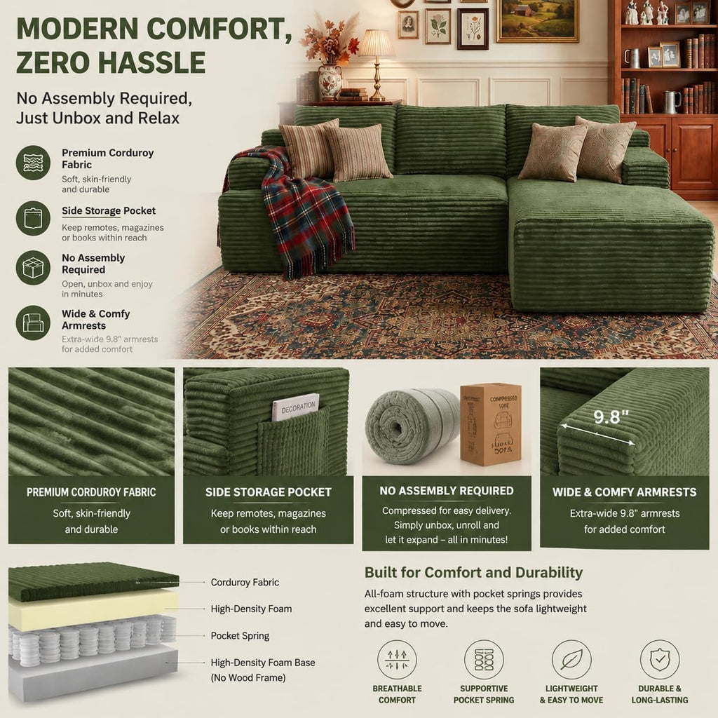 96' Right Facing Sectional Sofa Boneless Couches for Living Room - L Shaped Compressed Cloud Couch with Deep Seat in A Box
