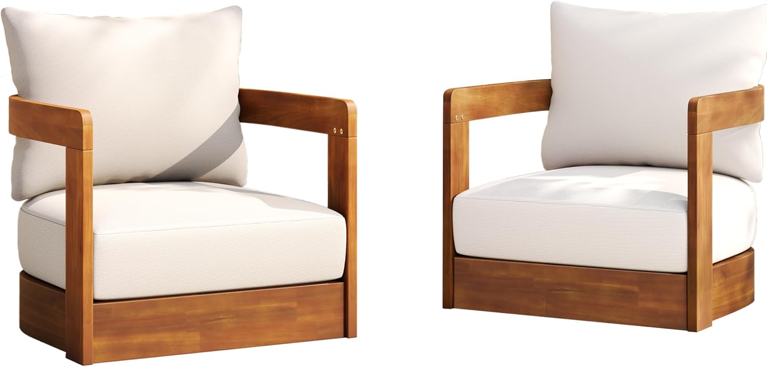 Christopher Knight Home Chloe Acacia Wood Lounge Chair Outdoor Set of 2, Curved Tub Design Accent Chairs with Weather Resistant Cushion, Comfy Low Profile Reading Seating for Backyard, Teak+ Beige