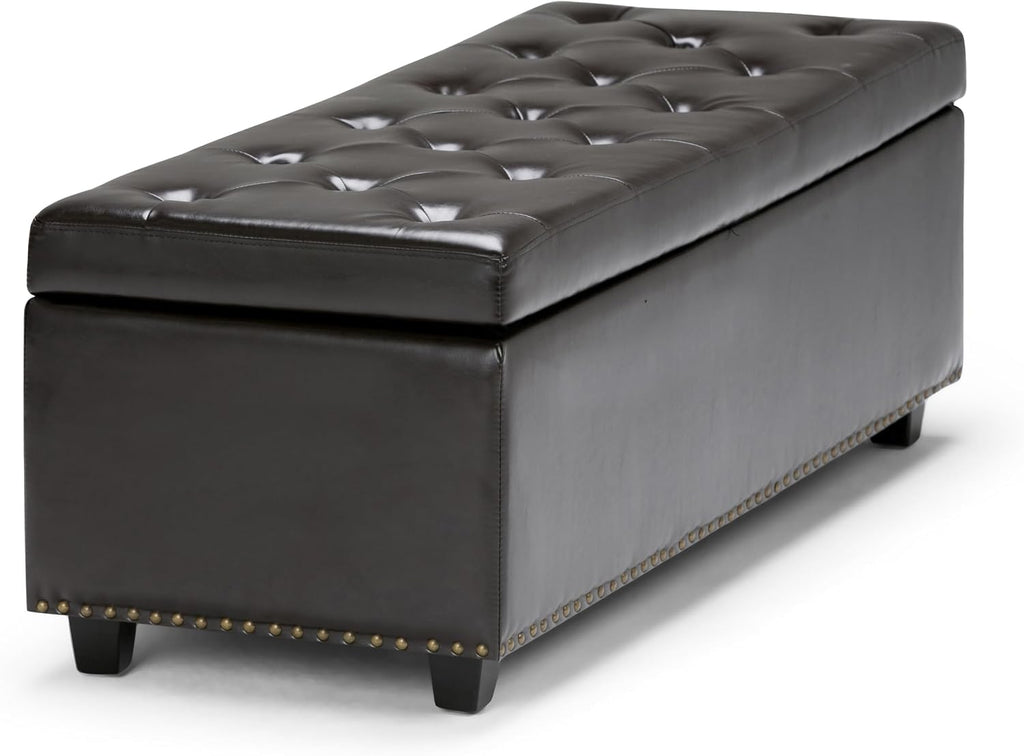 SIMPLIHOME Hamilton Storage Ottoman - 48 inch Wide Upholstered Vegan Leather Rectangle Storage Ottoman Bench in Coffee Brown, Traditional Tufted Ottoman for Living Room or Entryway with Lift-Up Lid