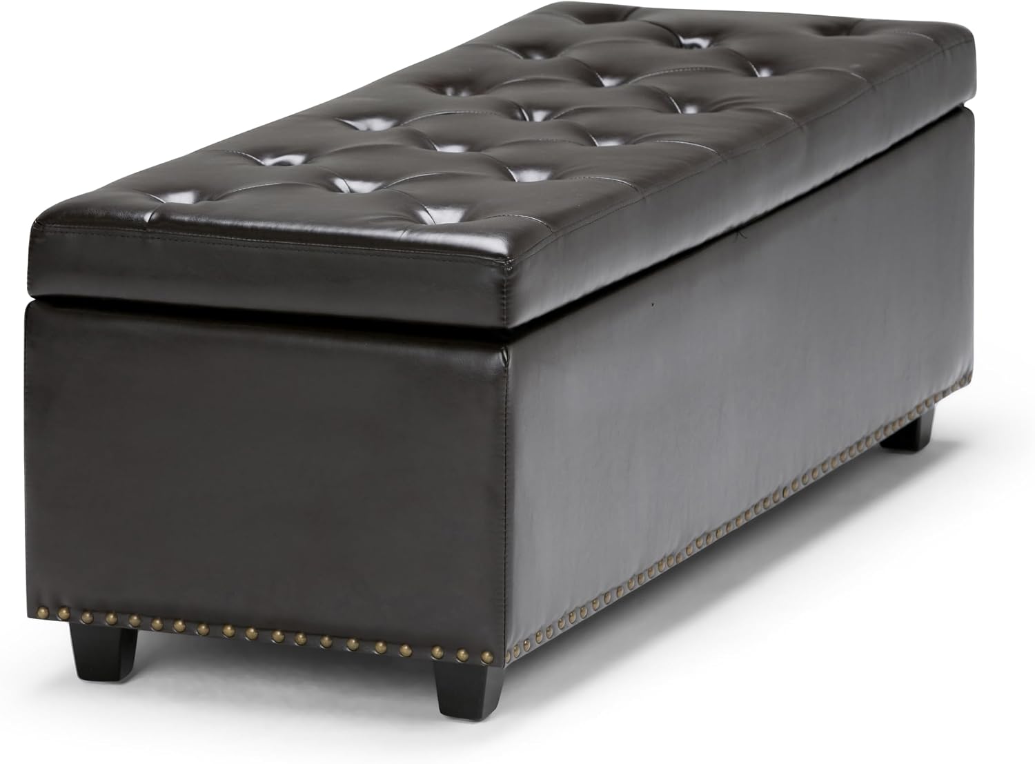 SIMPLIHOME Hamilton Storage Ottoman - 48 inch Wide Upholstered Vegan Leather Rectangle Storage Ottoman Bench in Coffee Brown, Traditional Tufted Ottoman for Living Room or Entryway with Lift-Up Lid