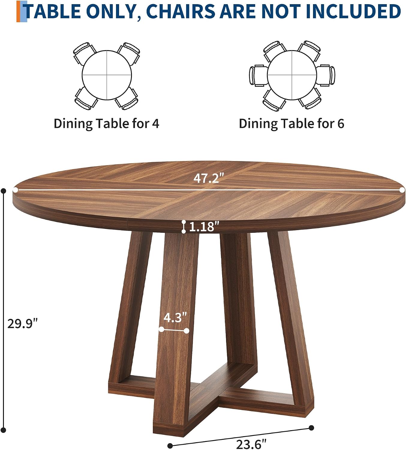 IDEALHOUSE 47 Inch Round Dining Table for 4-6 People, Circle Kitchen Table with Cross Base, Farmhouse Wood Dinner Table for Apartment(Table Only), Walnut Brown