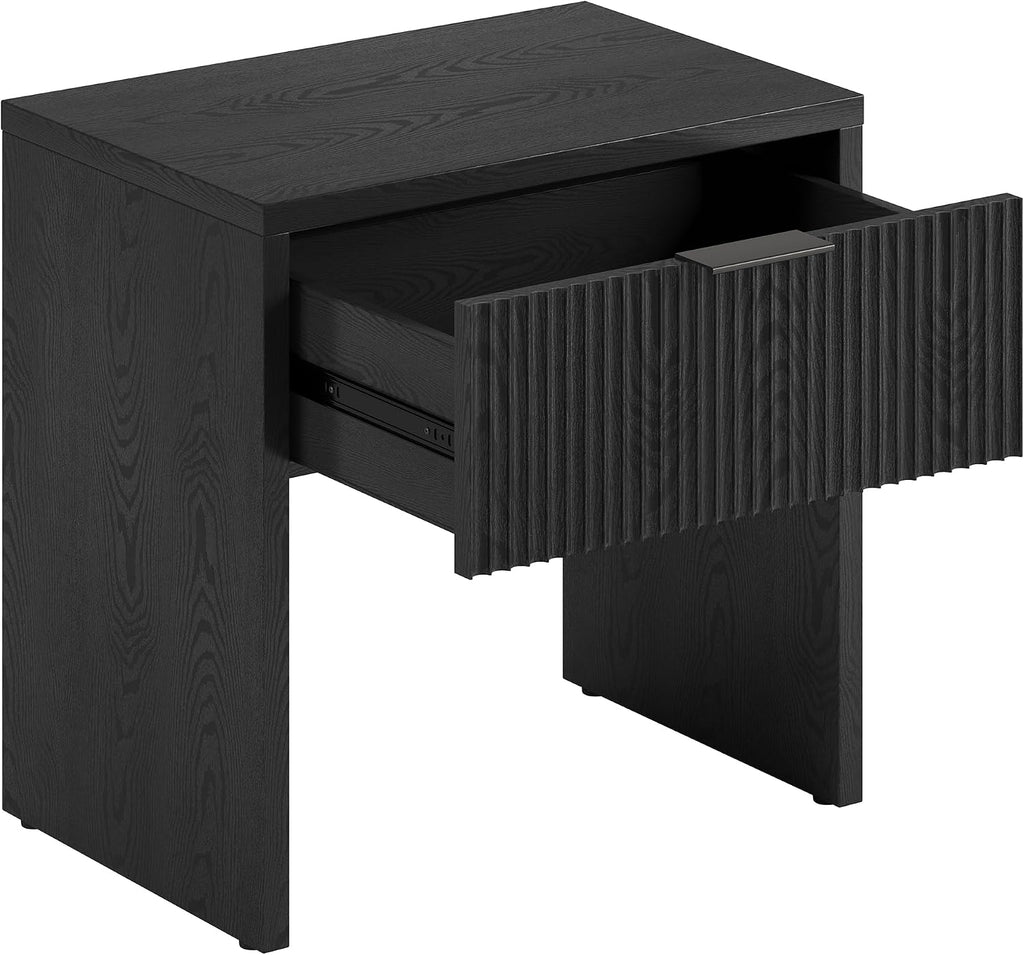 Henn&Hart 24' Fluted Modern Wooden Nightstand, Ribbed Side Table with Storage Drawer and Open Storage Space for Bedroom, Living Room, or Home Office, Natural Black