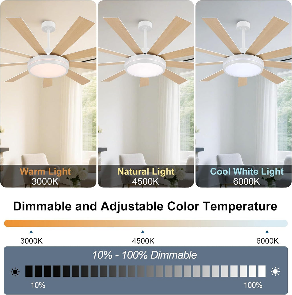 WINGBO 60' Ceiling Fan with Light - Large LED Dimmable Light, 6-Speed Remote Control, Reversible DC Motor, Modern Ceiling Fan 9 Blades for Bedroom, Living Room, Indoor Outdoor White and Oak