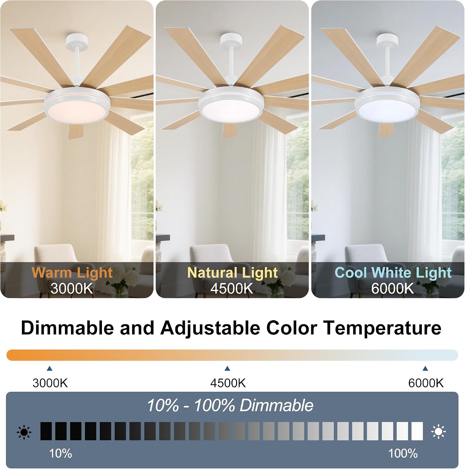 WINGBO 60' Ceiling Fan with Light - Large LED Dimmable Light, 6-Speed Remote Control, Reversible DC Motor, Modern Ceiling Fan 9 Blades for Bedroom, Living Room, Indoor Outdoor White and Oak