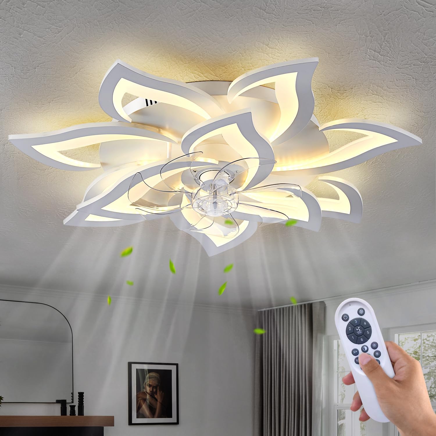 Dalouguan 32' White Ceiling Fan with Light Remote Control, Modern Geometric Ceiling Fan with Lights, 6 Speeds 3 Light Color Low Profile Ceiling Fan for Kitchen Bedroom