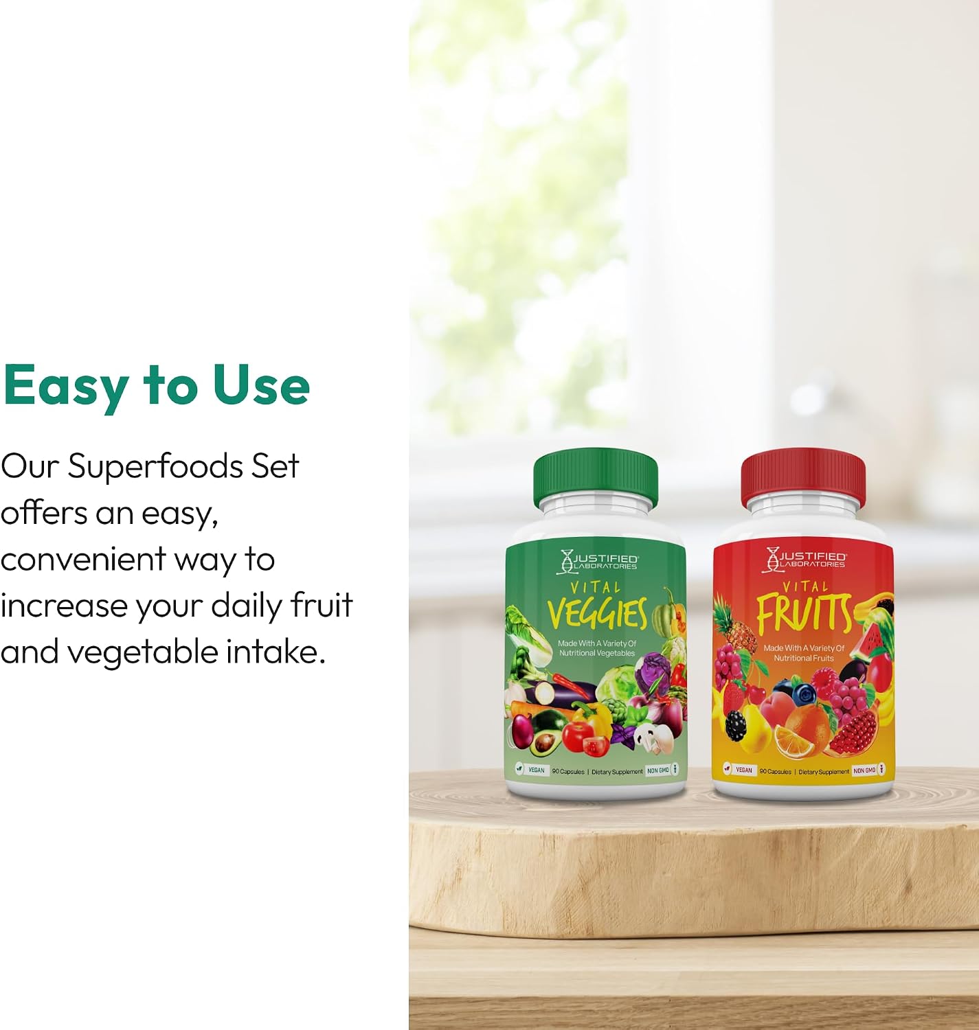 Justified Laboratories Superfoods Set - Includes Vital Fruits (90 Capsules, Pack of 5) + Vital Veggies (90 Capsules, Pack of 5) - Non-GMO, Vegan - 30 Servings per Bottle