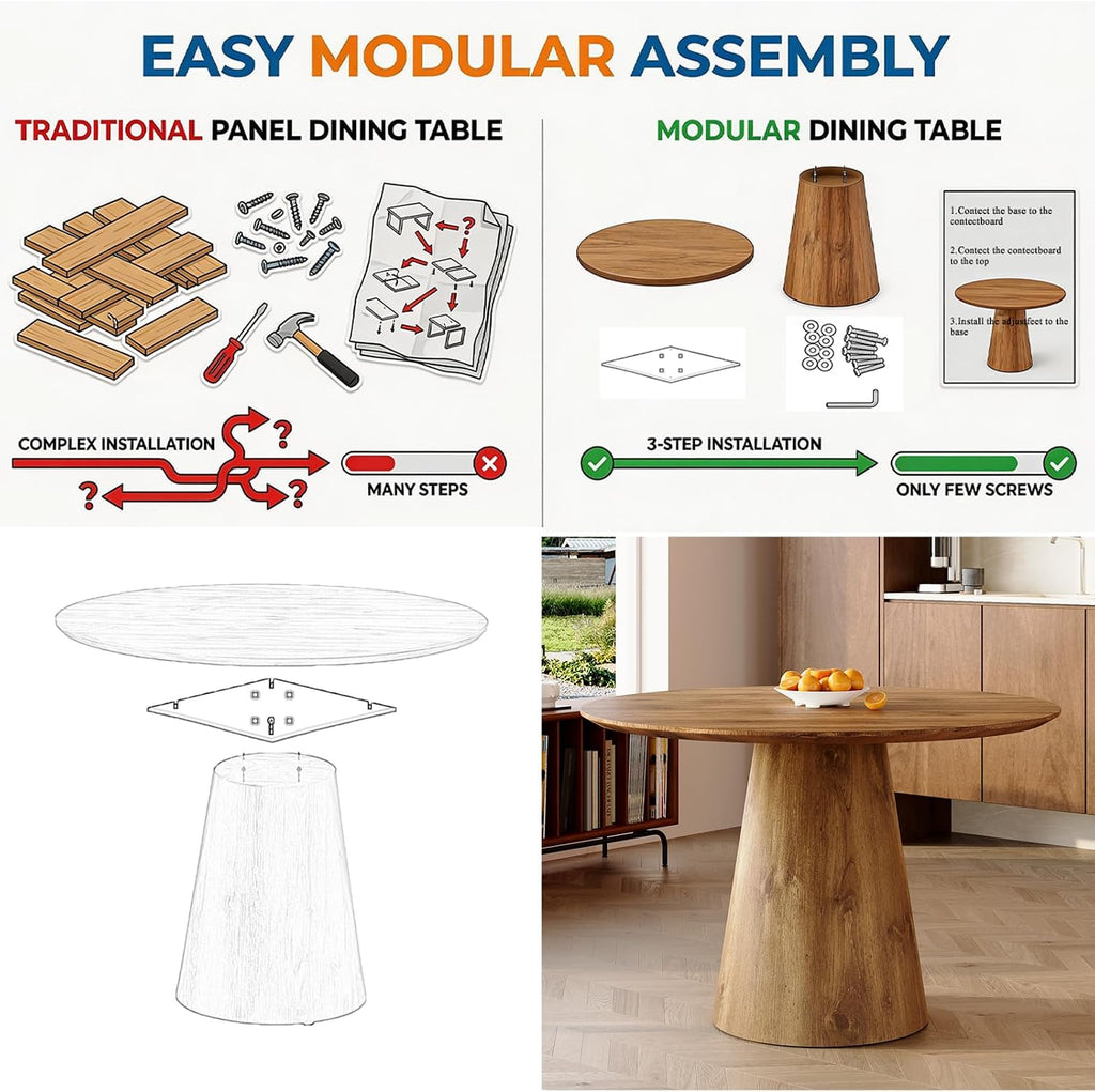 45'' Round Dining Table, Small Round Dining Room Table, One-Piece Tabletop and Stable Pedestal Base, Mid Century Modern Wood Dinner Table for Kitchen Dining Room, Apartment