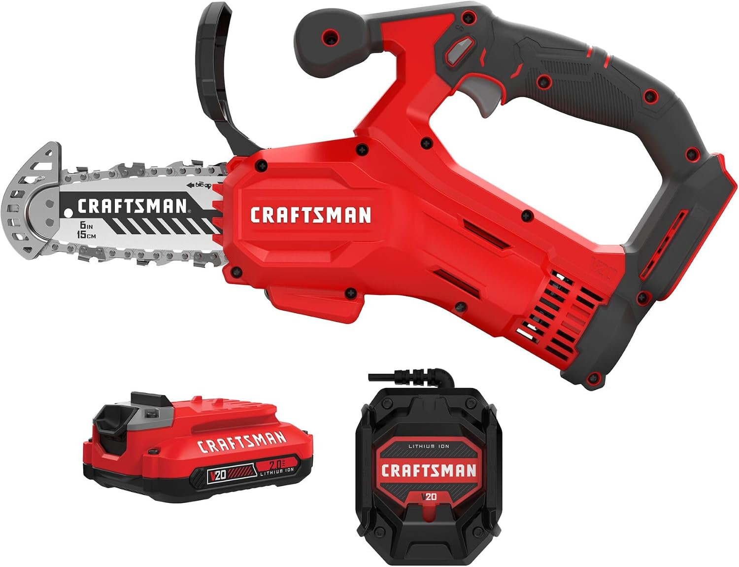 CRAFTSMAN V20 Mini Cordless Chainsaw, Pruning Saw, 6' Chain, Small Handheld Chainsaw, 2Ah Battery and Charger Included, Tree Trimming and Pruning, Compact and Lightweight (CMCCS320D1)