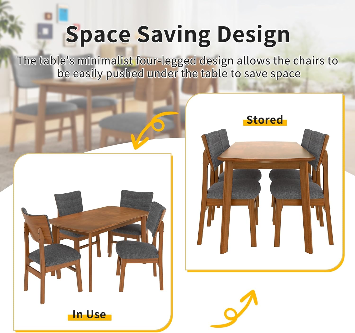 Merax 5 Piece Solid Wood Dining Table Set for 4, Farmhouse Mid-Century Modern and 4 Upholstered Chairs for Home, Kitchen, Apartment, Space Saving, Brown+Gray