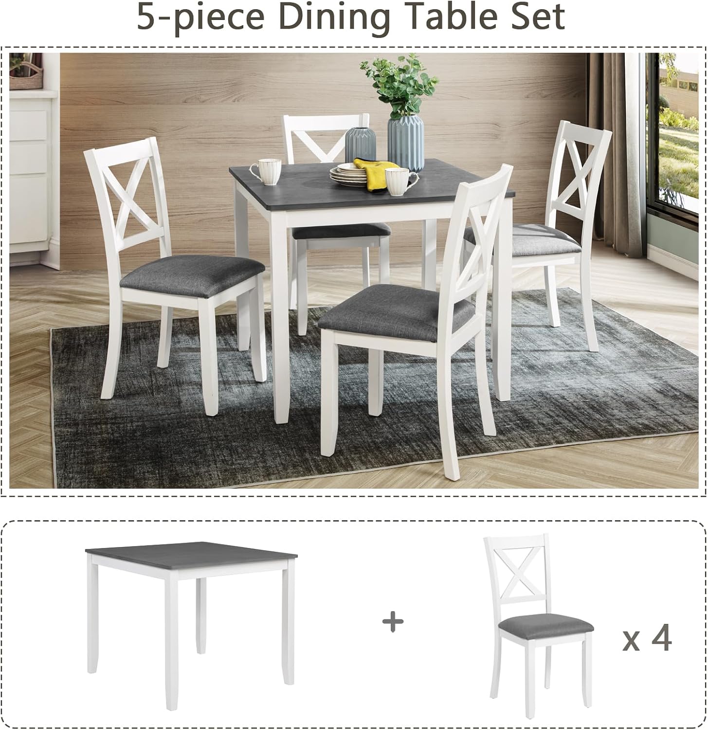 5-Piece Dining Table Set for 4, Kitchen Dining Table with 4 Soft Cushioned Solid Wood Chairs, Ideal for Home or Restaurant Use.(Gray & White_Small)