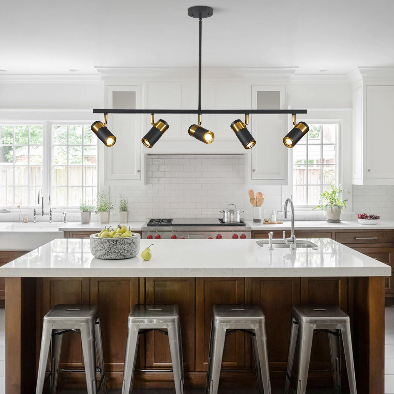 5 Light Modern Track Light Chandelier Industrial LED Hanging Track Lighting Kit Farmhouse Black and Gold Kitchen Track Lighting Fixtures Adjustable Ceiling Mount Linear Spotlights MCL05-5P BK