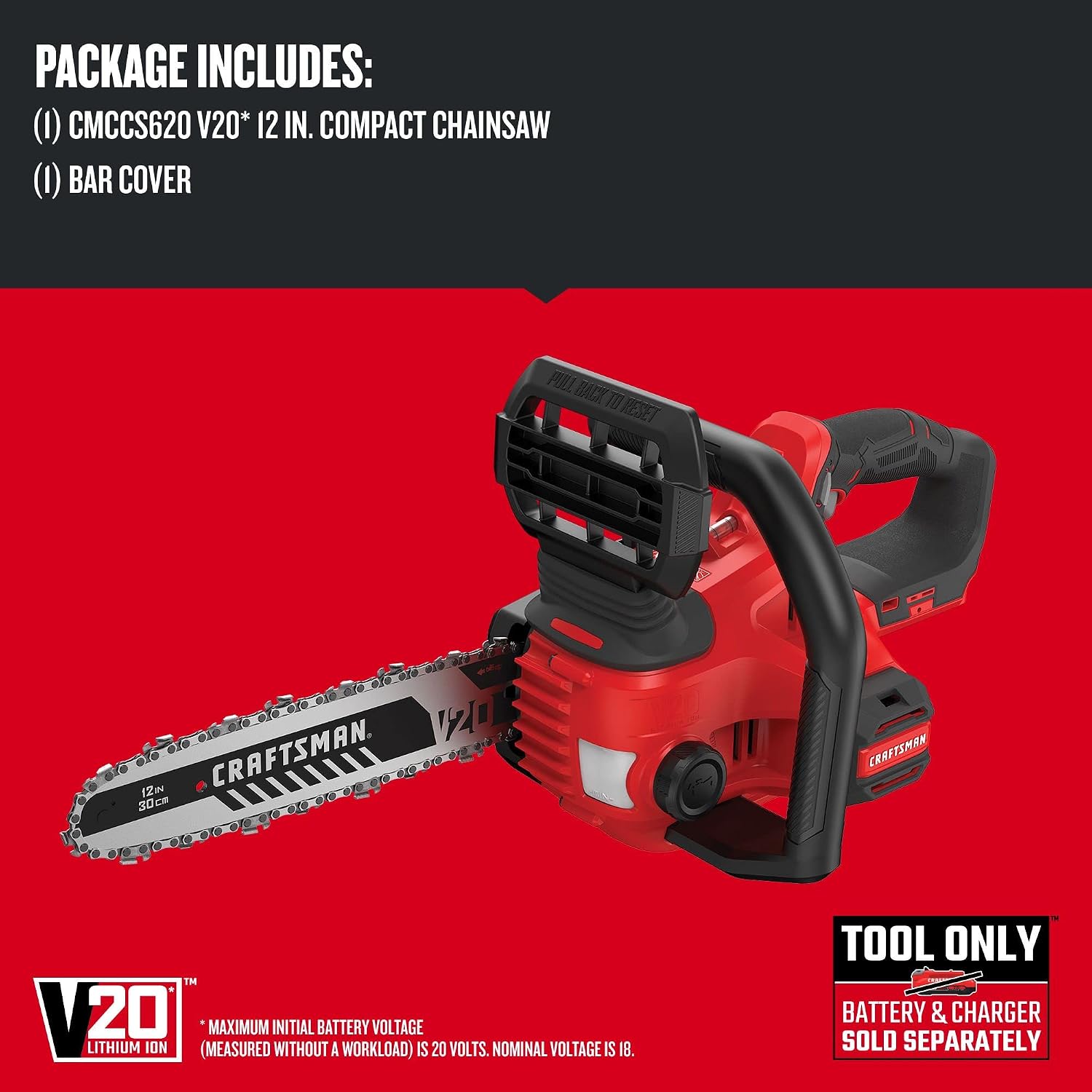 CRAFTSMAN V20 Mini Chainsaw, Cordless, 12 inch, Bare Tool Only (CMCCS620B)