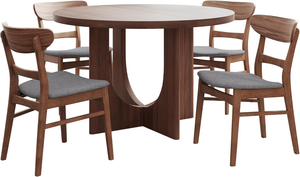 Christopher Knight Home Zeka Wooden Round Dining Table Set for 4, 5 Piece Dining Set, Dining Room Table Set for 4, Kitchen Table with Cross Leg and Upholstered Chairs, Dark Grey + Walnut