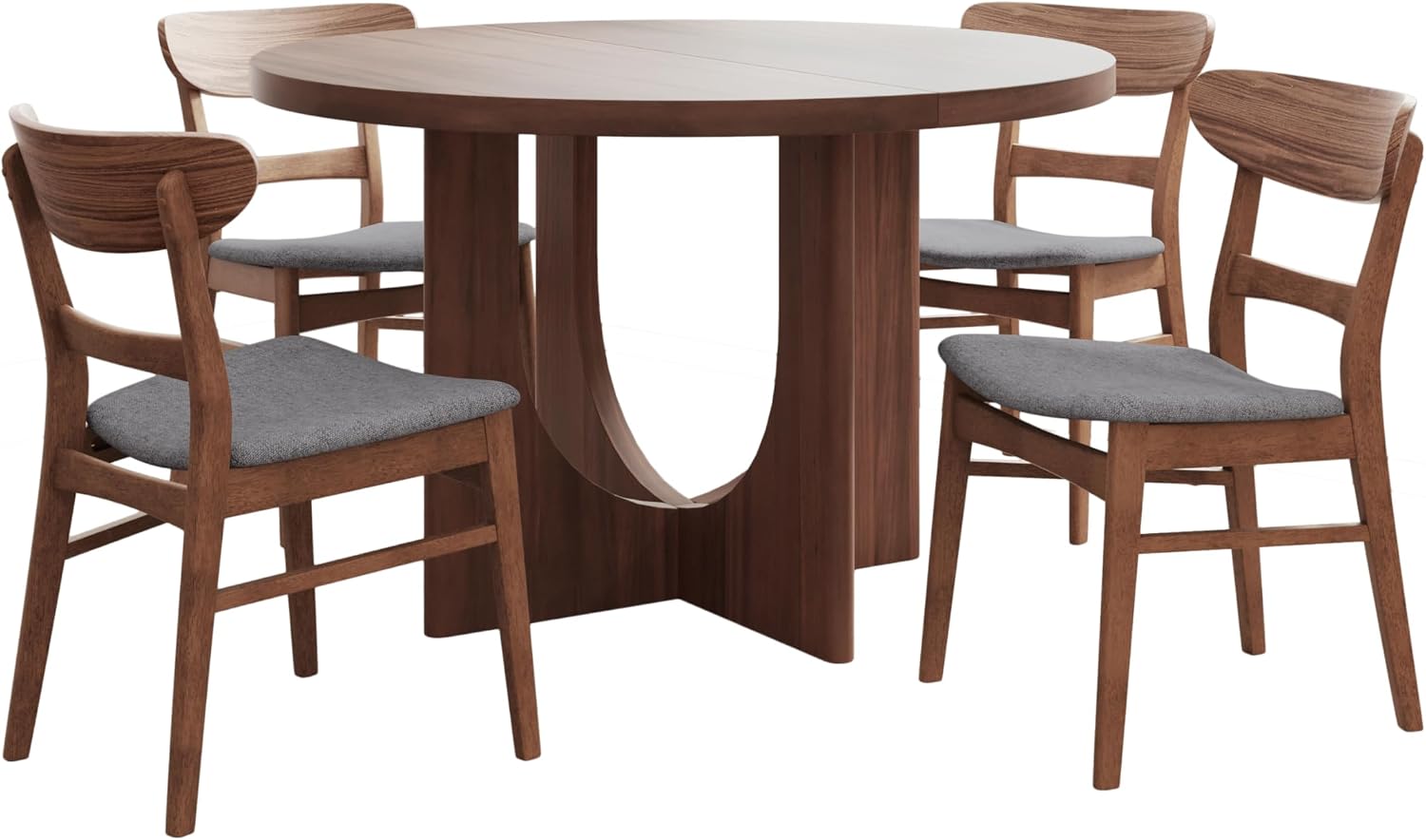 Christopher Knight Home Zeka Wooden Round Dining Table Set for 4, 5 Piece Dining Set, Dining Room Table Set for 4, Kitchen Table with Cross Leg and Upholstered Chairs, Dark Grey + Walnut
