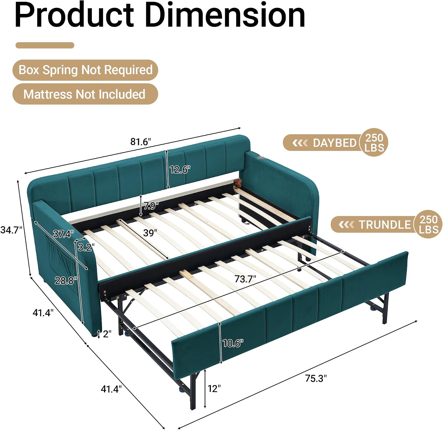 DNYN Twin Size Velvet Daybed Frame with Pop-up Trundle Bed for Bedroom Guest/Living Room, Space-Saving Upholstered Sofabed with USB Port & Side Pocket, No Box Spring Needed