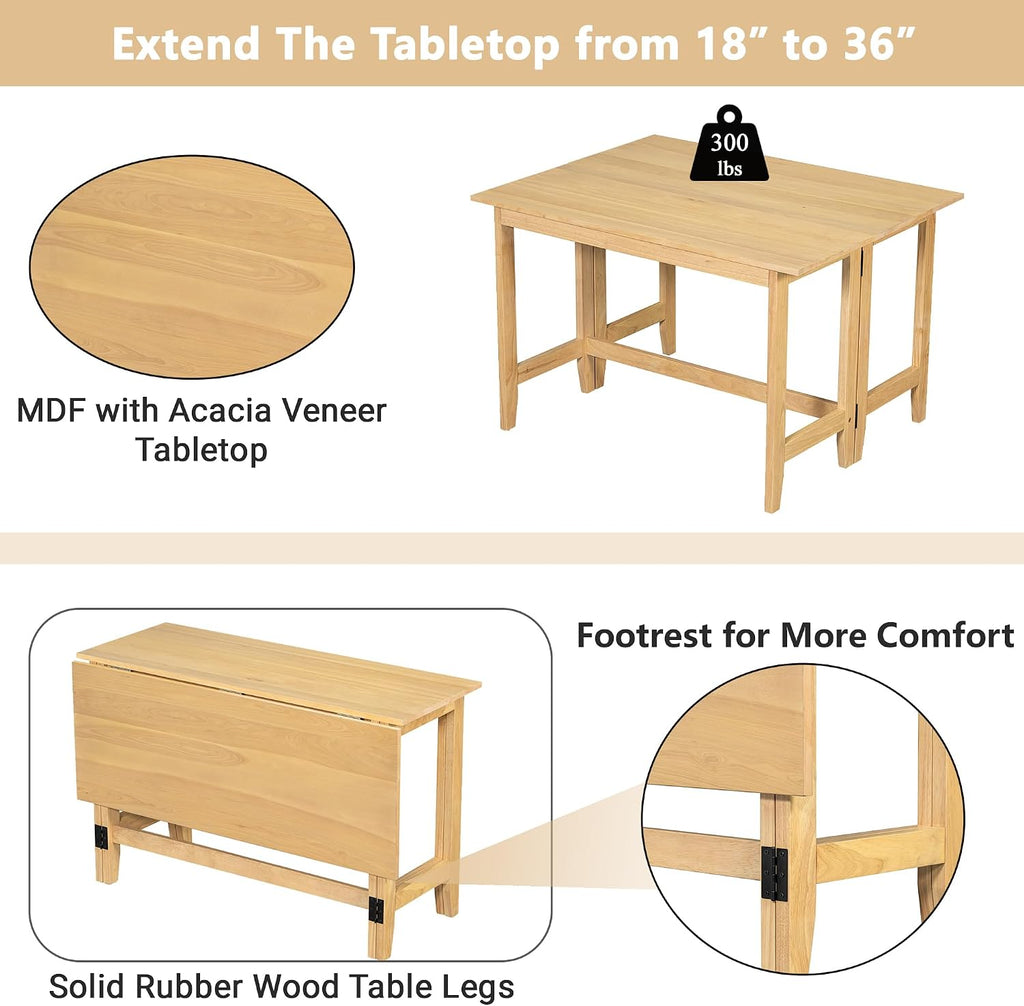 Merax Farmhouse Wood Extendable Dining Table with Drop Leaf for Small Places, Modern Freestanding Scalable Desk for Kitchen & Living Room, Natural
