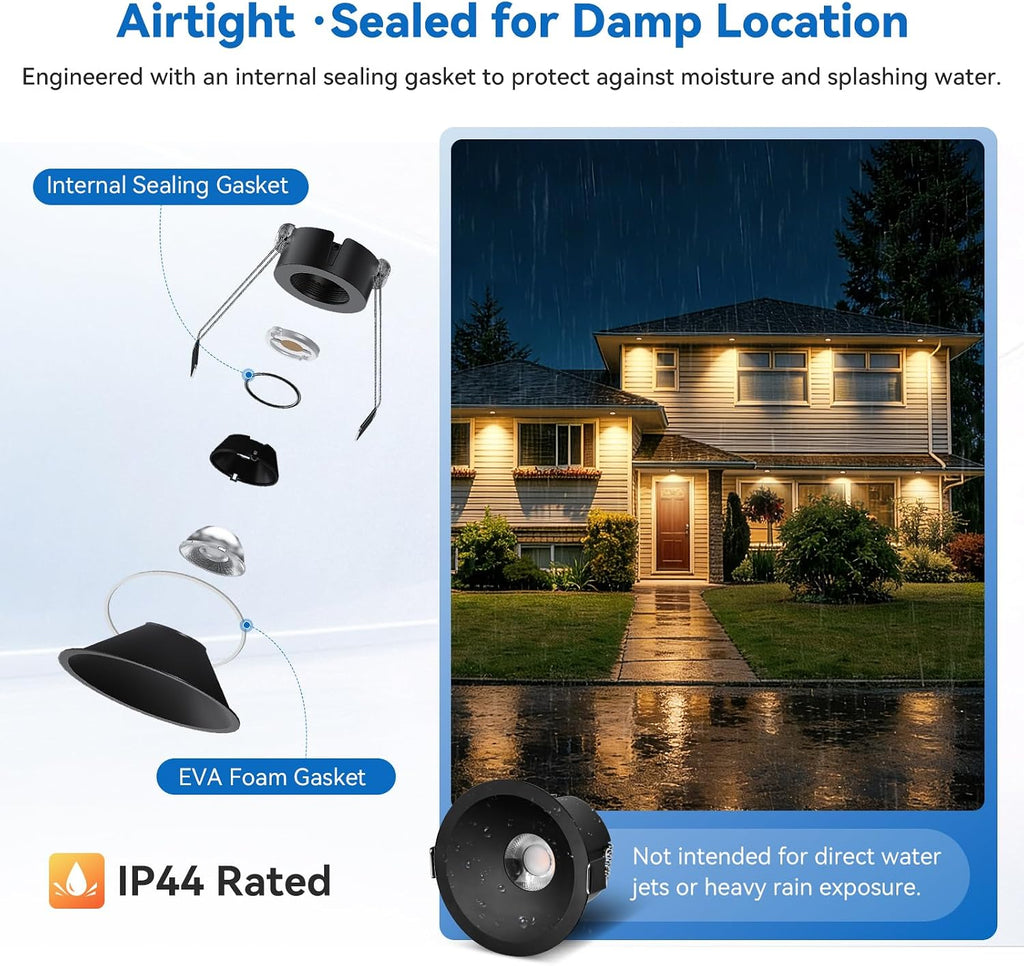 CycevSun Black 3 Inch Recessed LED Lights, Anti-Glare COB Ceiling Spotlight, 5CCT Selectable, 130LM/W, 12W, RA95 Small Exterior Soffit Lights, Dimmable, ETL, IP44 Damp Rated Shower Light, 12-Pack