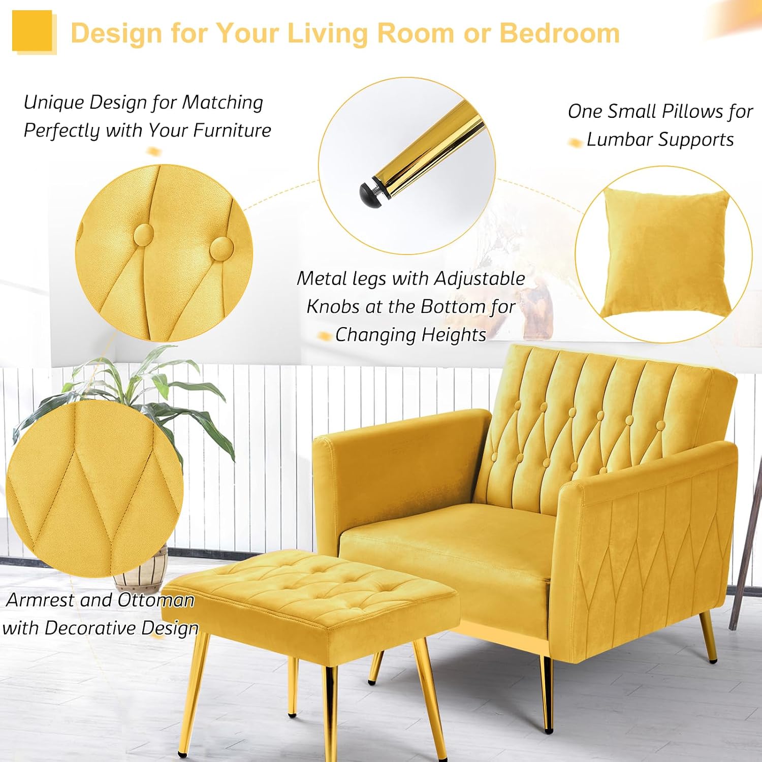 Velvet Accent Chair w/Adjustable Armrests and Backrest, Button Tufted Lounge Chair, Single Recliner Armchair with Ottoman and Pillow for Living Room, Bedroom,Yellow
