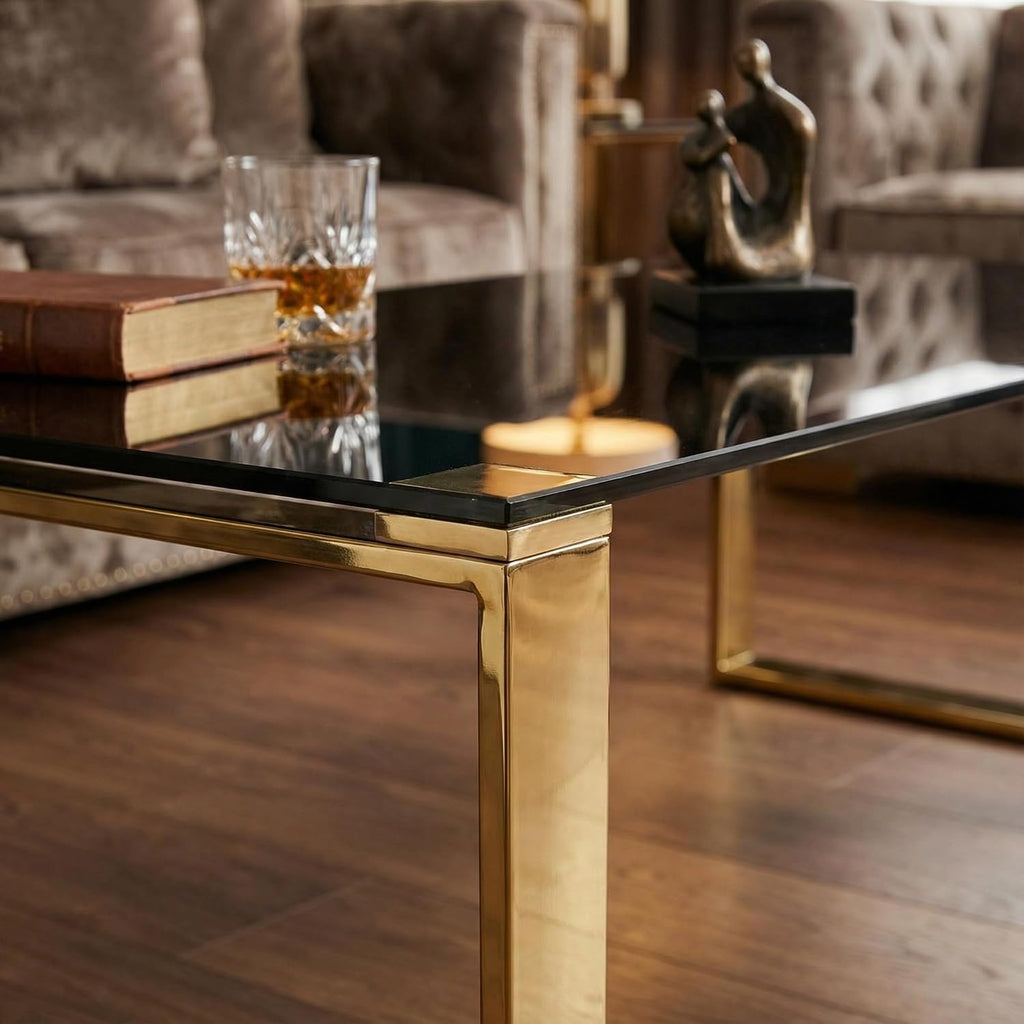 Cortesi Home Remini Coffee Table, Gold Metal and Black Glass