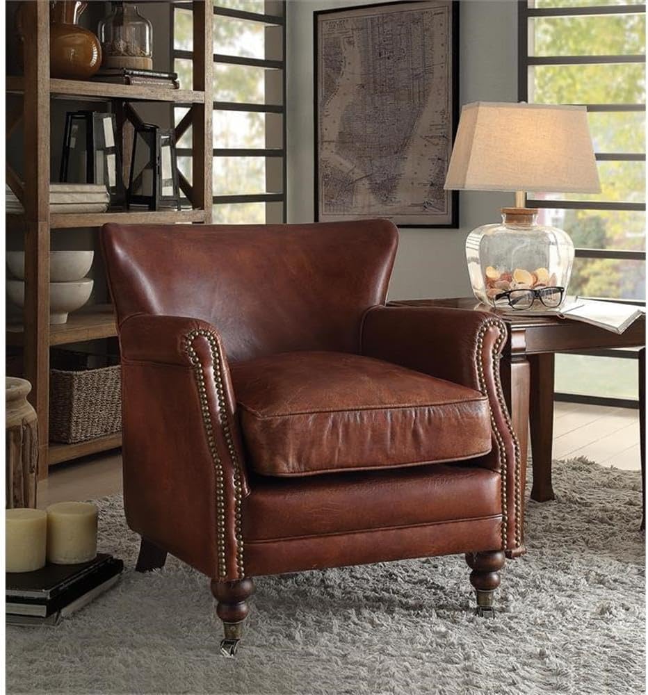 Acme Leeds Top Grain Leather Upholstery Accent Chair in Vintage Dark Brown