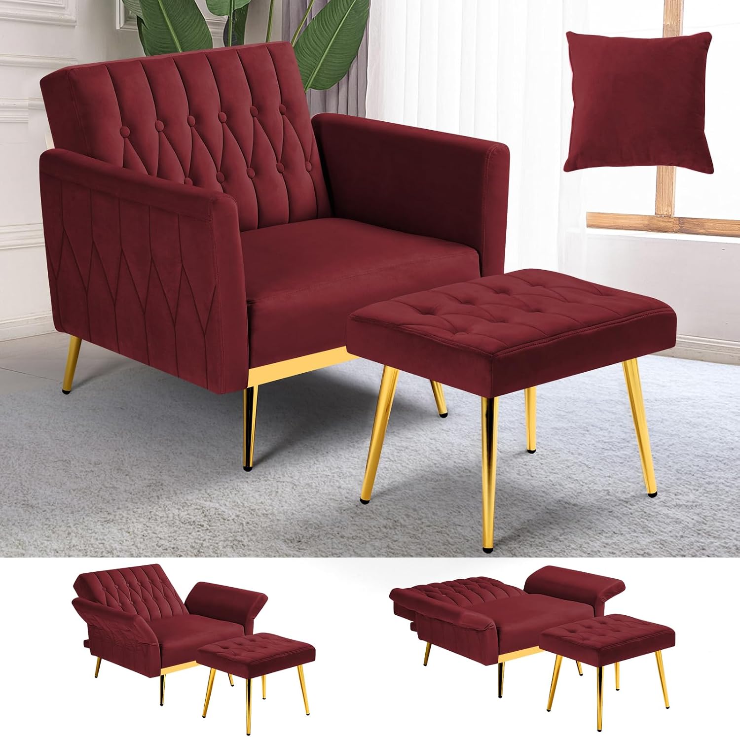 Velvet Accent Chair with Adjustable Armrests and Backrest, Button Tufted Lounge Chair, Single Recliner Armchair with Ottoman and Pillow for Living Room, Bedroom, Red