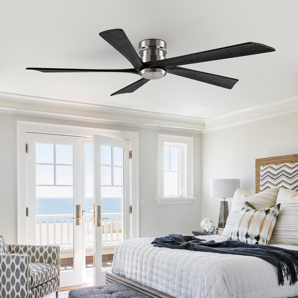 EKIZNSN 72 Inch Brushed Nickel Flush Mount Ceiling Fans without Light for Patios, 110V Noiseless Reversible DC Motor, 6-Gear Speed (Nickel Finish with Black Blades)