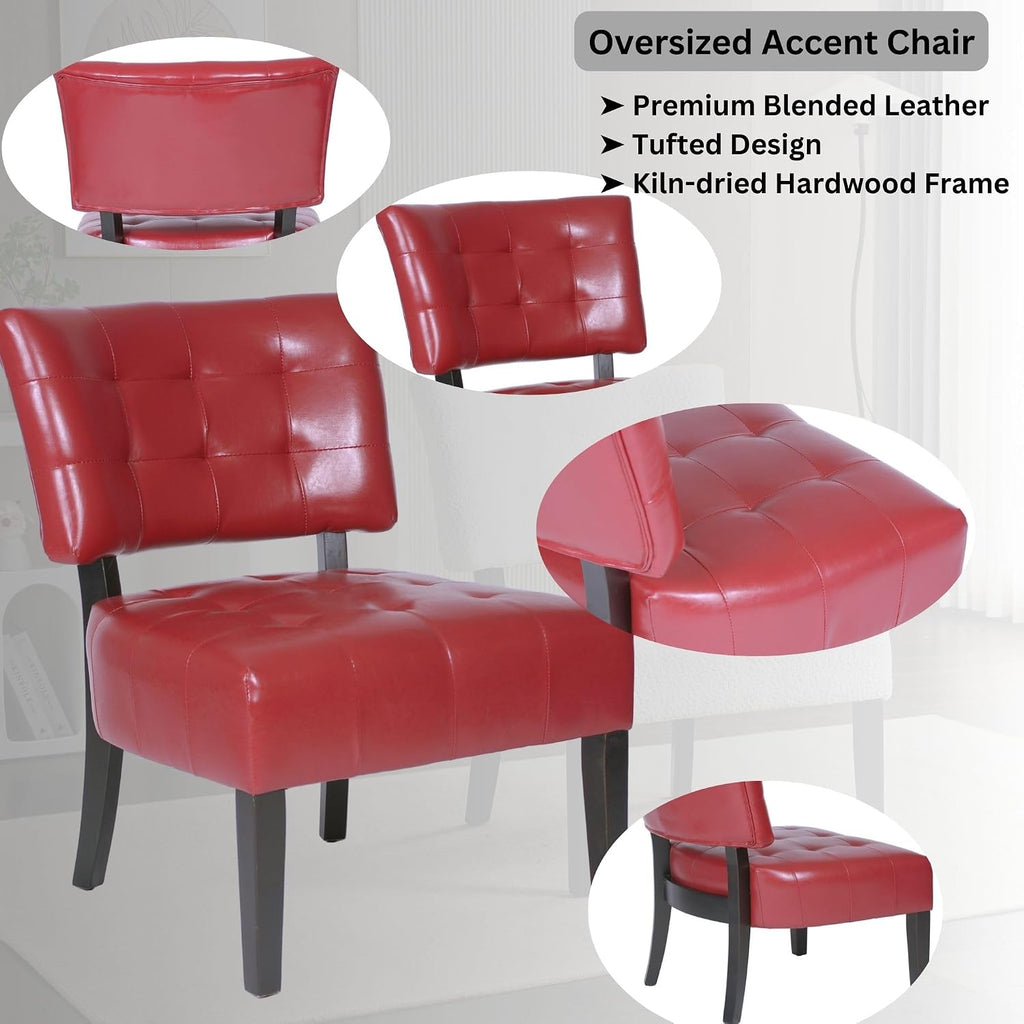 Roundhill Furniture Blended Leather Tufted Accent Chair with Oversized Seating, Red