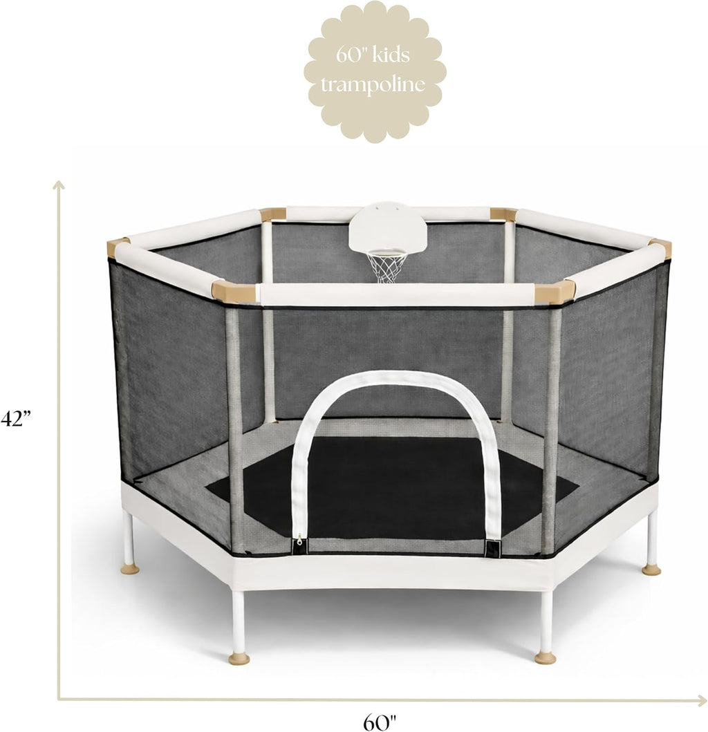 Kids Trampoline, Aesthetic Indoor and Outdoor Toddler Trampoline with Safety Net, Basketball Hoop, 220lb Capacity, Ultra Safe No-Gap Design, Gifts for Boys & Girls