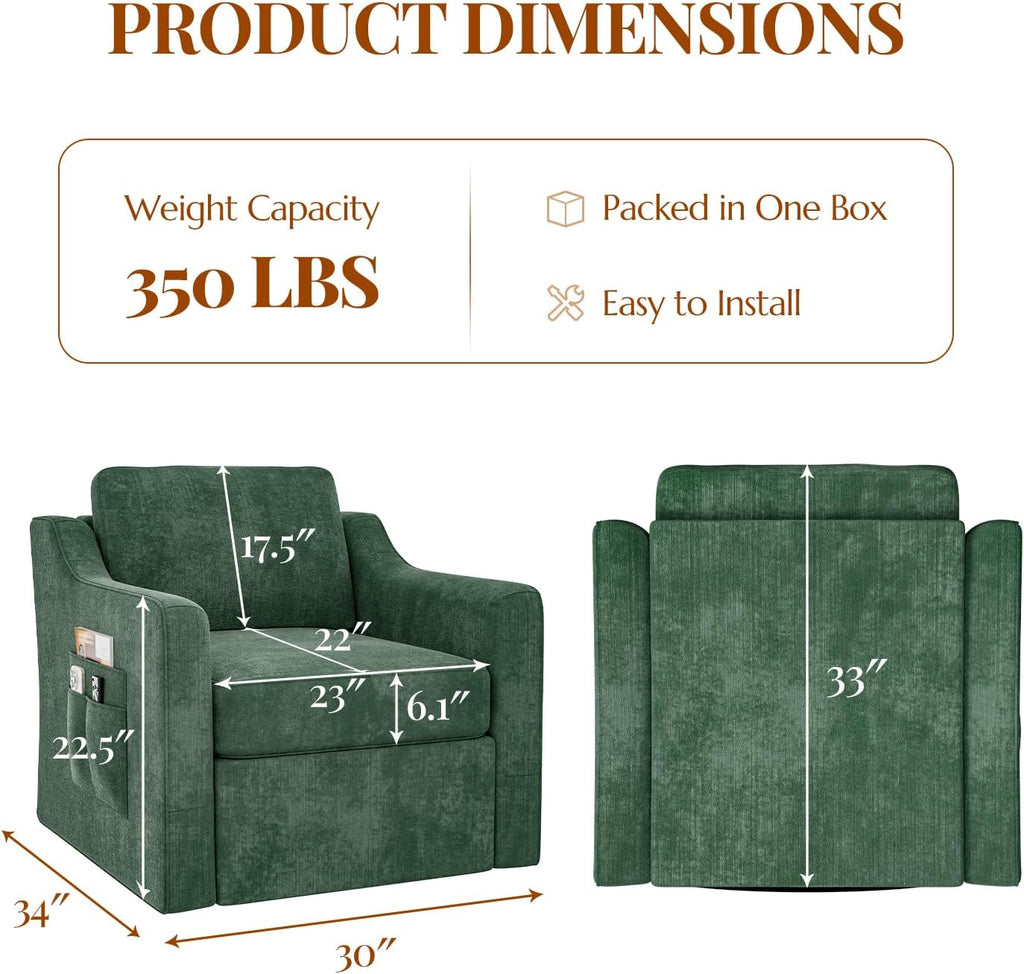 360° Swivel Accent Chair, Large Comfy Reading Chair, Square Single-Seat Armchair Upholstered Sofa with Fabric Material for Reading, Nursery, Living Room, Bedroom, Lounge, Hotel, Green