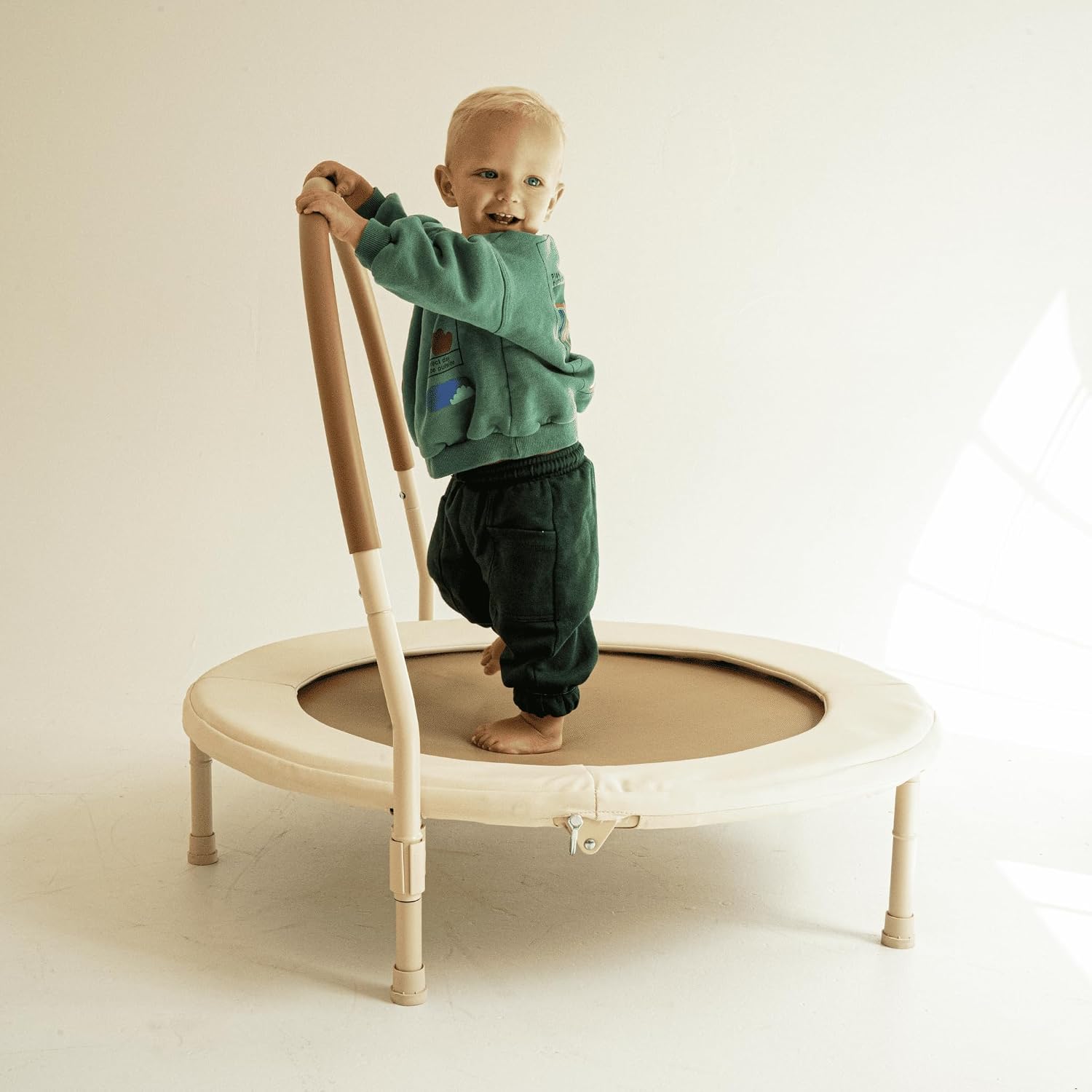 36' Kids and Toddler Mini Trampoline, Aesthetic Indoor and Outdoor Small Baby Trampoline with Removable Handle, Ultra Safe No-Gap Elastic Spring Design
