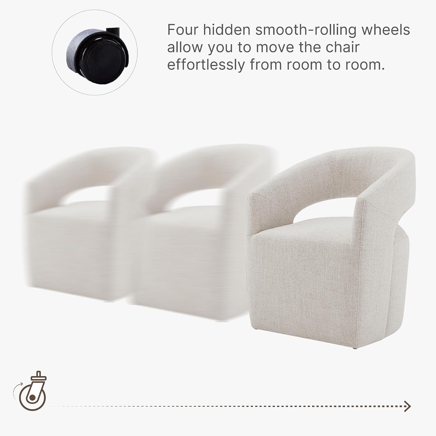 KISLOT Upholstered Dining Chairs with Casters, No Assembly Modern Barrel Armchair with Rollers for Dining Room, Bedroom, Living Room, Reading Room, Home Office, Set of 1, Beige