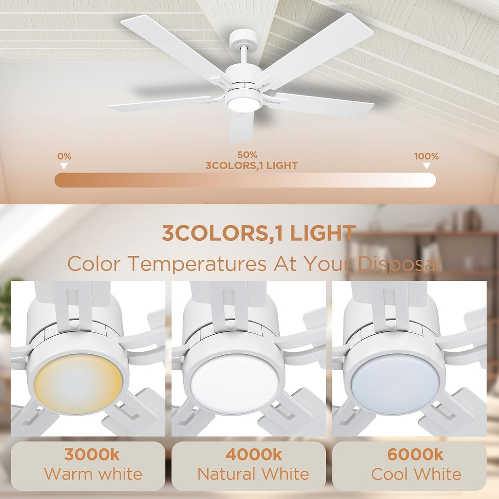 Ceiling Fan with Light Remote: 52 inch Modern Bedroom Fans with Dimmable Tri-Color Temperatures LED - Quiet Reversible DC Motor - Indoor Home Use (Matte White-5, 52 Inch)