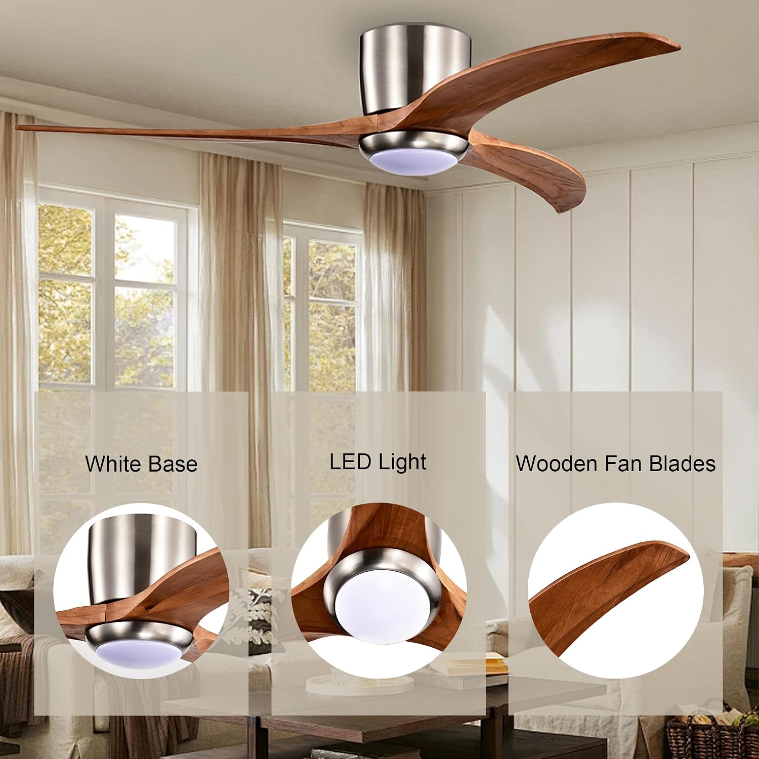 52' Modern Dimmable Chandelier Fan with Light, Low Profile Flush Mount Ceiling Fan Wooden Fandelier with Remote Reversible DC Motor Ceiling Fan for Bedroom Living Room (Nickel)