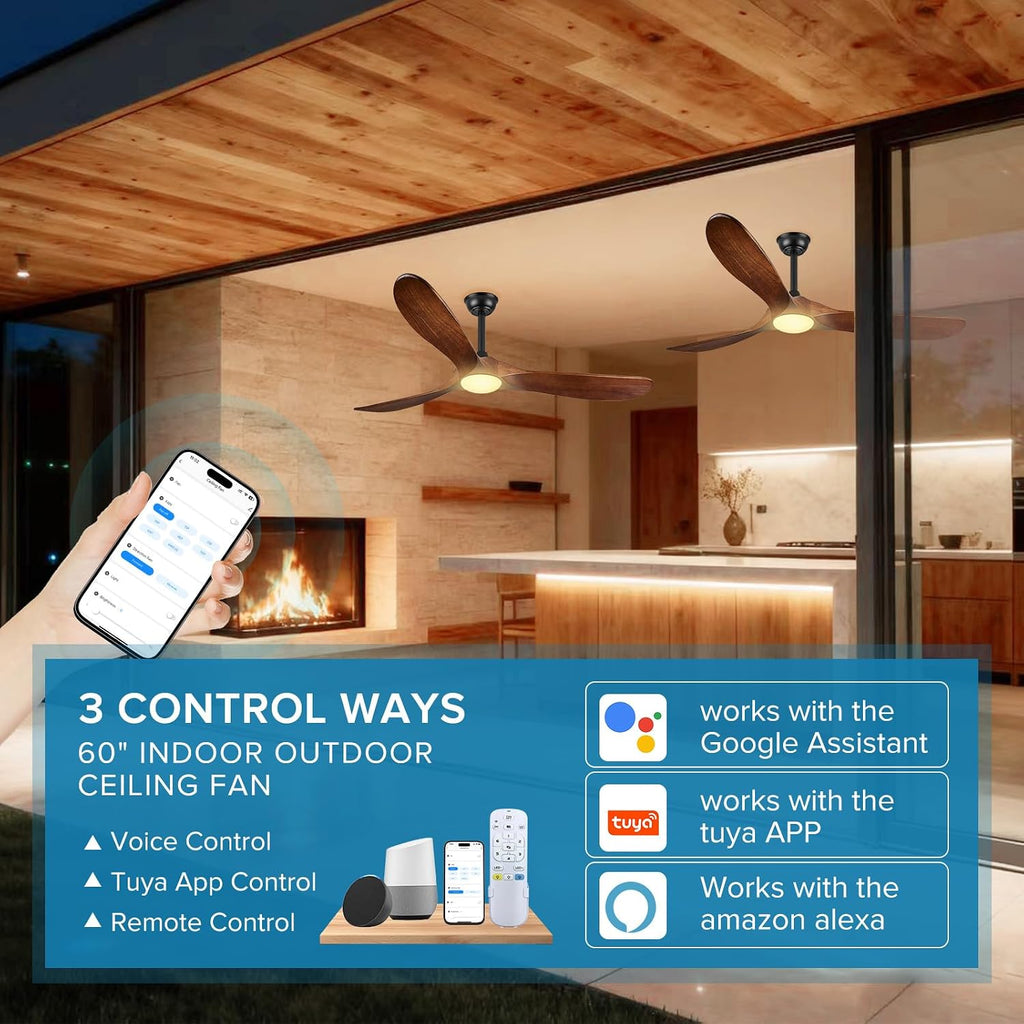 Ceiling Fan with Light: Large Outdoor Ceiling Fans for Patios with Alexa/App/Remote Control, 3 Blades Wood Modern Farmhouse Fan, Commercial Home Ceiling Fan for Outside Porch Indoor Office