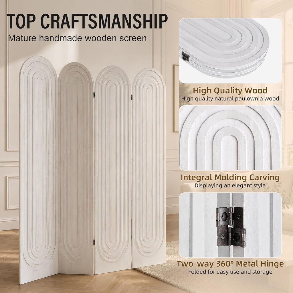 Room Divider and Folding Privacy Screen 4 Panel Wood Arched Room Divider Wall, Separators Divider for Room Separation, Folding Portable Partition Screen for Home Office Bedroom (White)