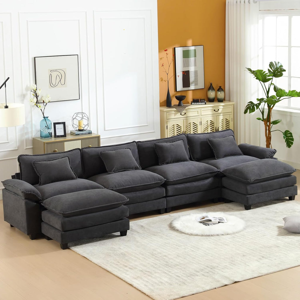 Oprisen 154' Modular Sectional Sofa, Comfy Cloud Couch Sectional Sofa with Ottoman, Velvet Sofa Sleeper Deep Seat Sofa with Throw Pillows for Living Room (Blue Gray, 154'- U Shape)