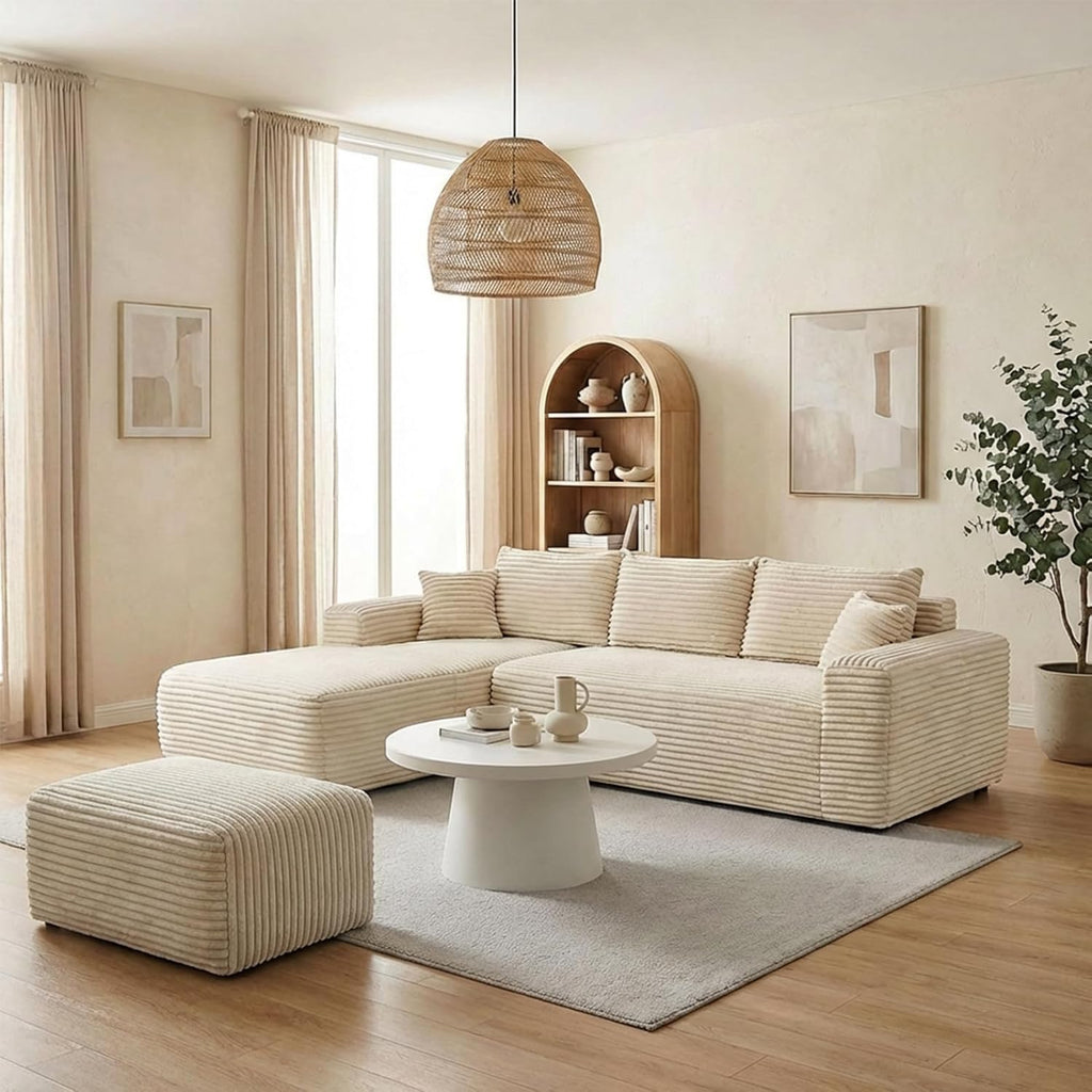EVLIQUIL Large Ottoman Foot Rest 37' Beige, Sofa Couch Ottomon with Soft Long-Pile Fabric, High Resilience Foam & Spring Support, Ottoman for Living Room Extra Seating