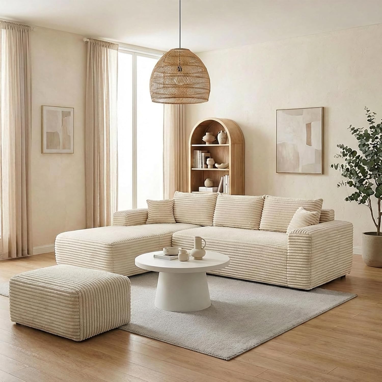 EVLIQUIL Large Ottoman Foot Rest 37' Beige, Sofa Couch Ottomon with Soft Long-Pile Fabric, High Resilience Foam & Spring Support, Ottoman for Living Room Extra Seating