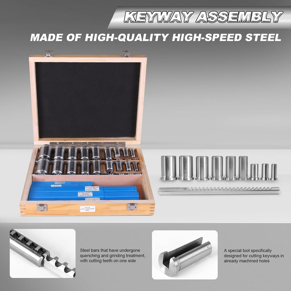 30-Piece Keyway Broach Kit, 5 High-Speed Steel Broaches with 18 Bushings & 7 Shims, Standard Metric Keyway Cutting Tool Set for Metalworking