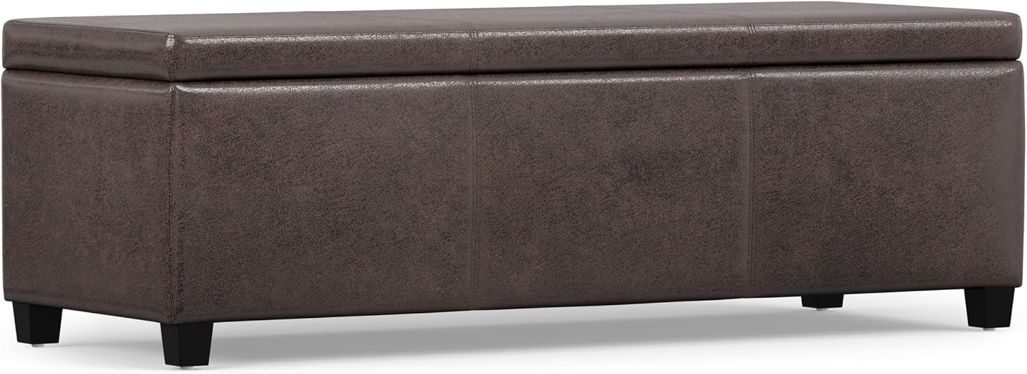 SIMPLIHOME Avalon Storage Ottoman Bench - 48' Wide x 16' High Upholstered Vegan Leather Rectangular Lift-Top Ottoman in Distressed Brown, Contemporary Bench for Living Room with High-Density Foam