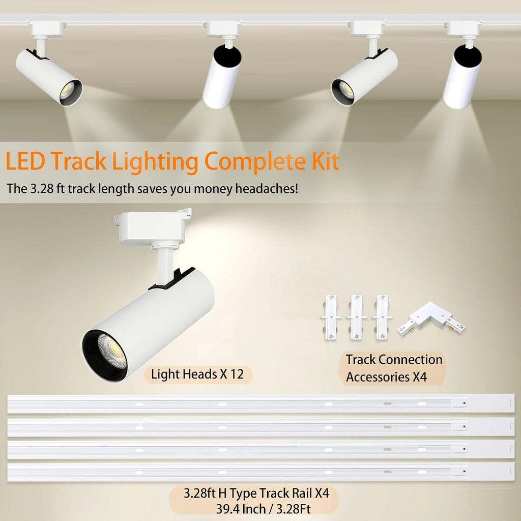 Ultra-Bright H Type White Track Lighting Kit with 13.1 FT Track Rails, 12 Heads 3000K Warm White 20W 2400lm, Dimmable Plug in LED Track Lights Modern Indoor Spotlight Fixture