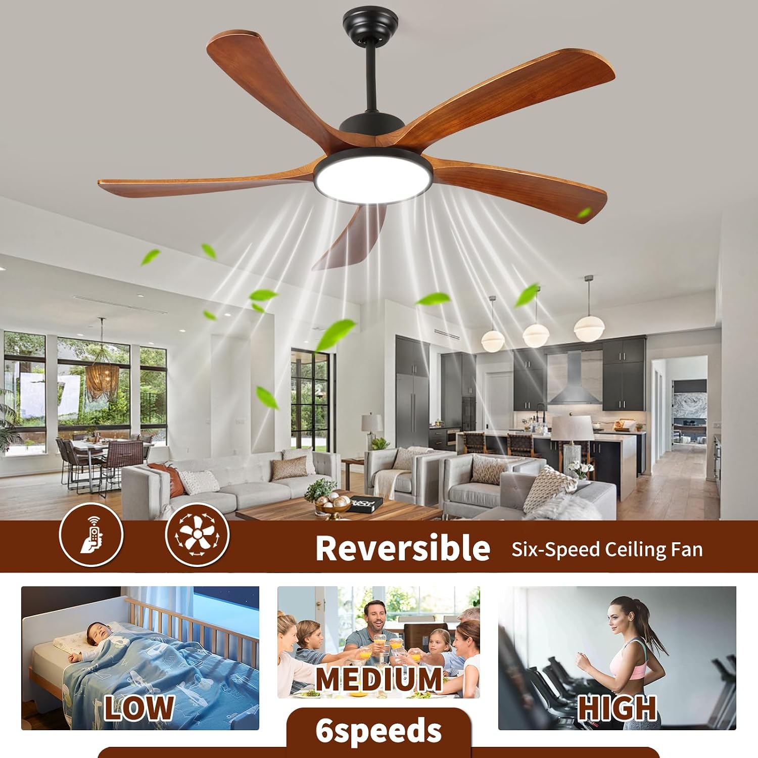 Wood Ceiling Fans with Lights and Remote Control LED Dimmable 52Inch Ceiling Fan DC Motor Reversible 5 Blade Wooden Ceiling Fans for Living Patio Matte Black