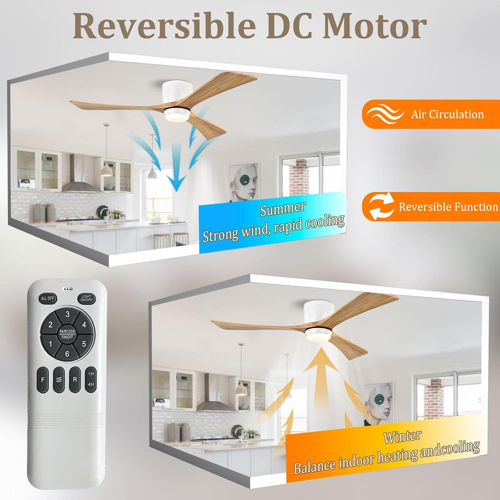 52inches Ceiling Fan with Lights,Wooden Flush Mount Ceiling Fans with Remote Control,Dimmable Light,3 CCT,6 Speeds,Noiseless DC Motor,Ceiling Fan for Bedroom,Living Room,Office,Indoor,White Walnut