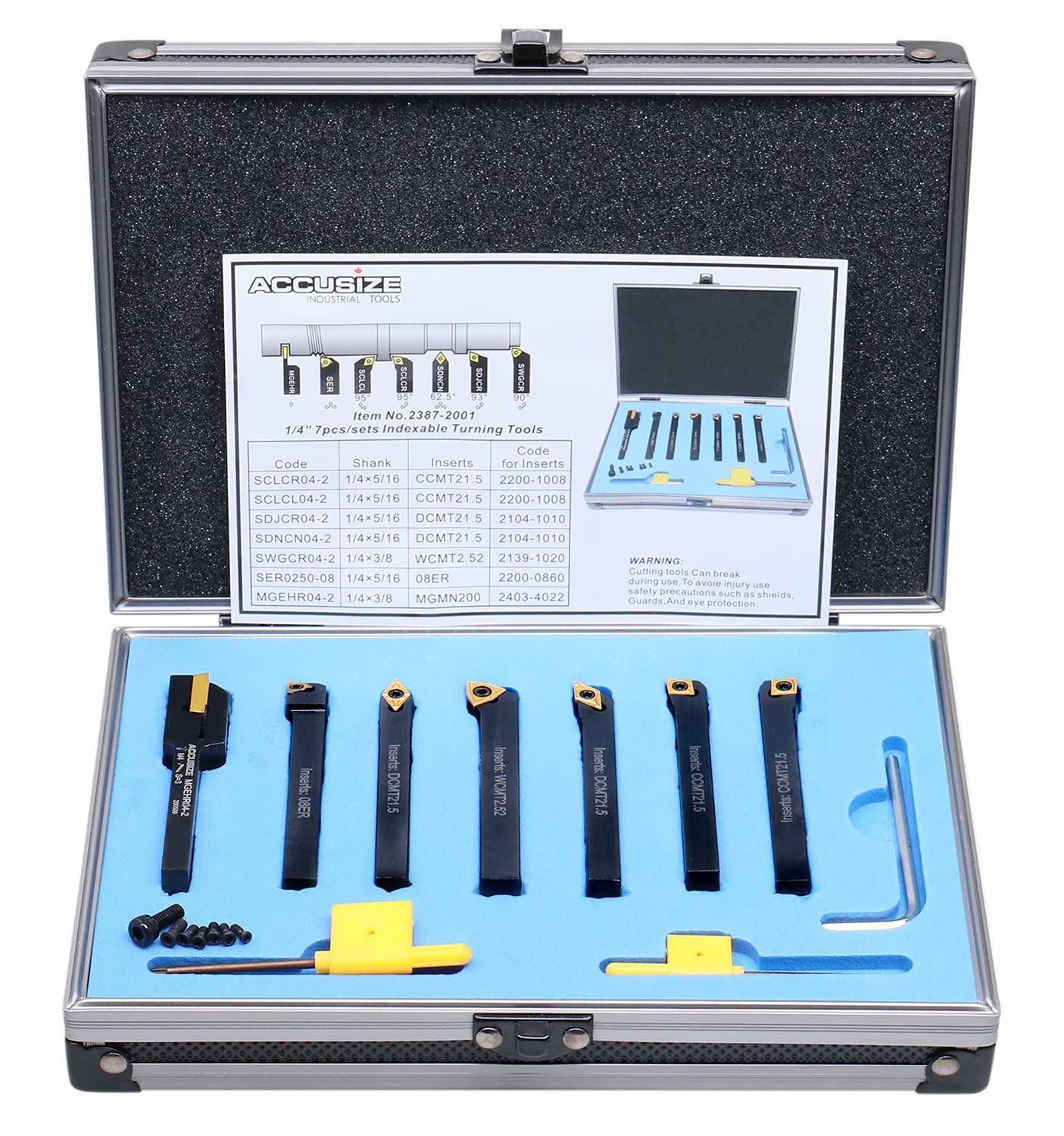 Accusize Industrial Tools 1/4'' Shank 7 Pc Indexable Carbide Turning Tool Set in Fitted Box, 2387-2001