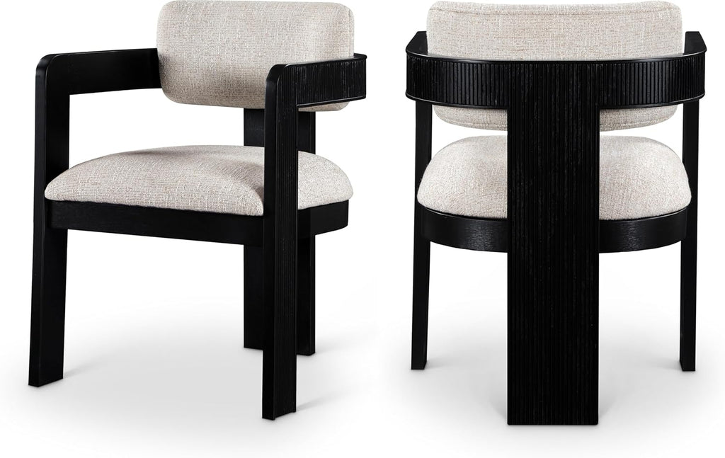 Meridian Furniture Sacha Collection Art Deco Dining Chair, Solid Fluted Wood, 22.5' W x 22' D x 31' H, Set of 2 (Beige, Black Finish, Linen Textured Fabric)