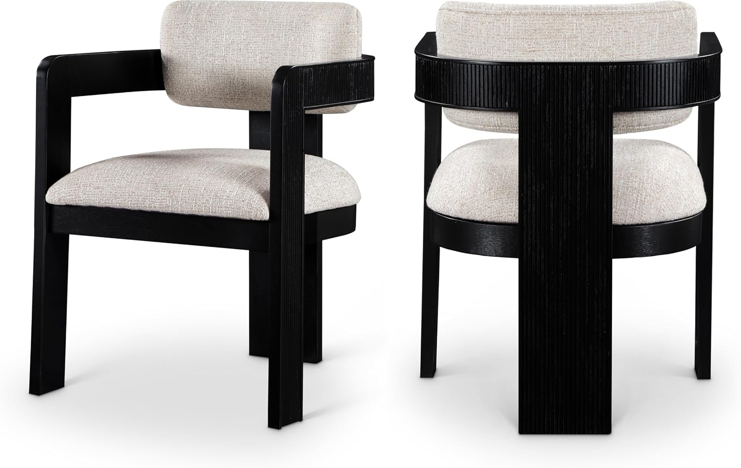 Meridian Furniture Sacha Collection Art Deco Dining Chair, Solid Fluted Wood, 22.5' W x 22' D x 31' H, Set of 2 (Beige, Black Finish, Linen Textured Fabric)