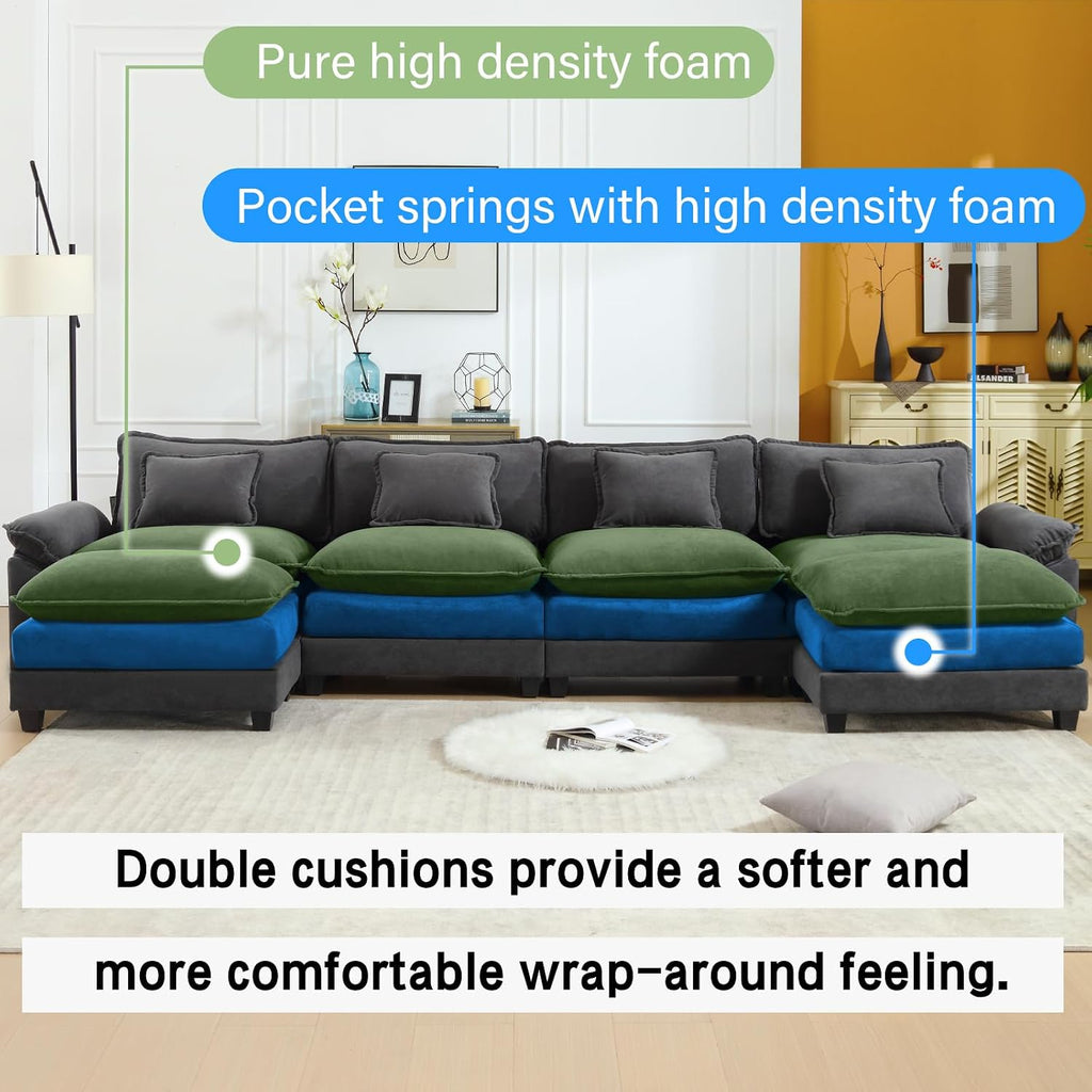 Oprisen 154' Modular Sectional Sofa, Comfy Cloud Couch Sectional Sofa with Ottoman, Velvet Sofa Sleeper Deep Seat Sofa with Throw Pillows for Living Room (Blue Gray, 154'- U Shape)