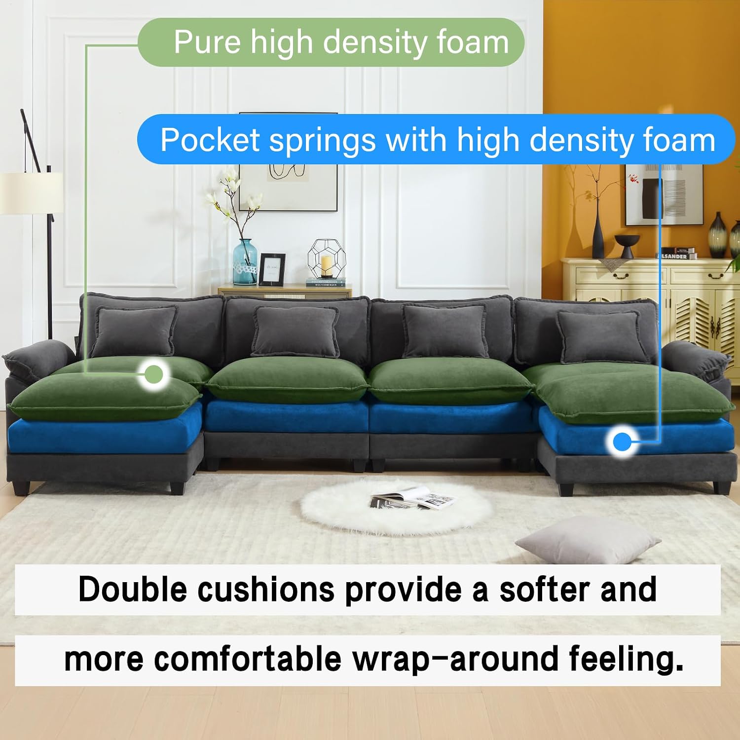 Oprisen 154' Modular Sectional Sofa, Comfy Cloud Couch Sectional Sofa with Ottoman, Velvet Sofa Sleeper Deep Seat Sofa with Throw Pillows for Living Room (Blue Gray, 154'- U Shape)