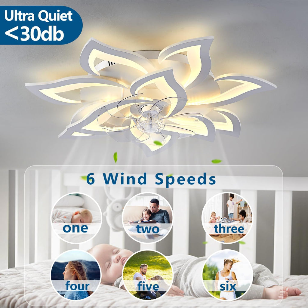 Dalouguan 32' White Ceiling Fan with Light Remote Control, Modern Geometric Ceiling Fan with Lights, 6 Speeds 3 Light Color Low Profile Ceiling Fan for Kitchen Bedroom